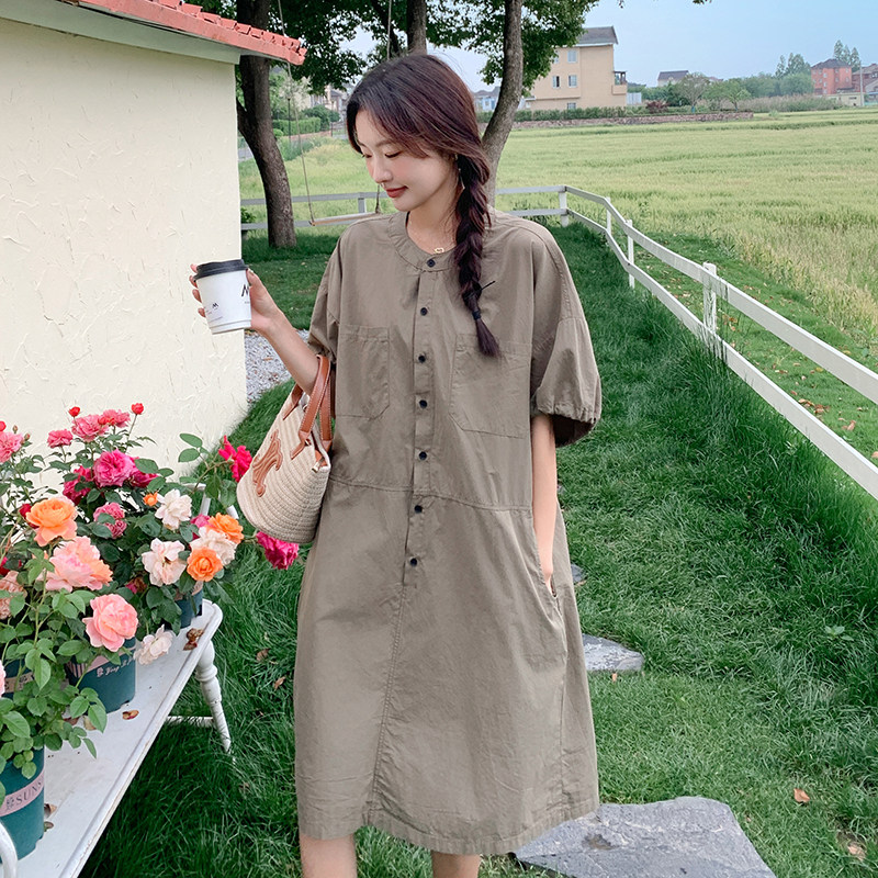 韩系简约工装连衣裙女夏2024新款休闲遮肚显瘦小个子甜酷文艺复古,女装连衣裙,2C327