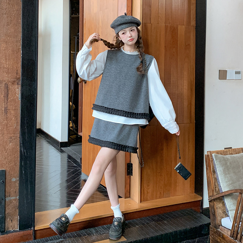 韩版灰色小香风套装裙女2025春秋季新款显瘦上衣马甲半身裙三件套,女装套装/套裙,2D148