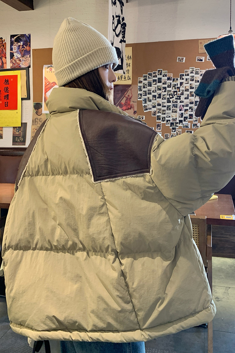 高级感炸街卡其色短款羽绒服女冬2024新款设计感pu拼接白鸭绒外套,女装羽绒服,2C166