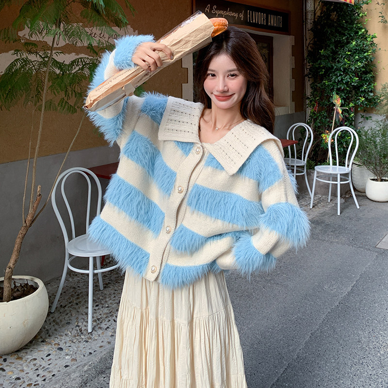 高级感气质半身裙高腰套装女2025新款春秋条纹针织毛毛外套两件套,女装套装/套裙,2C057