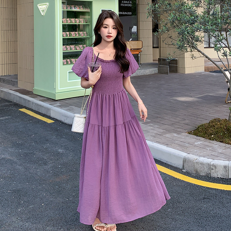 紫色泡泡袖方领连衣裙女2025夏季新款法式复古气质绝美别致长裙潮图片