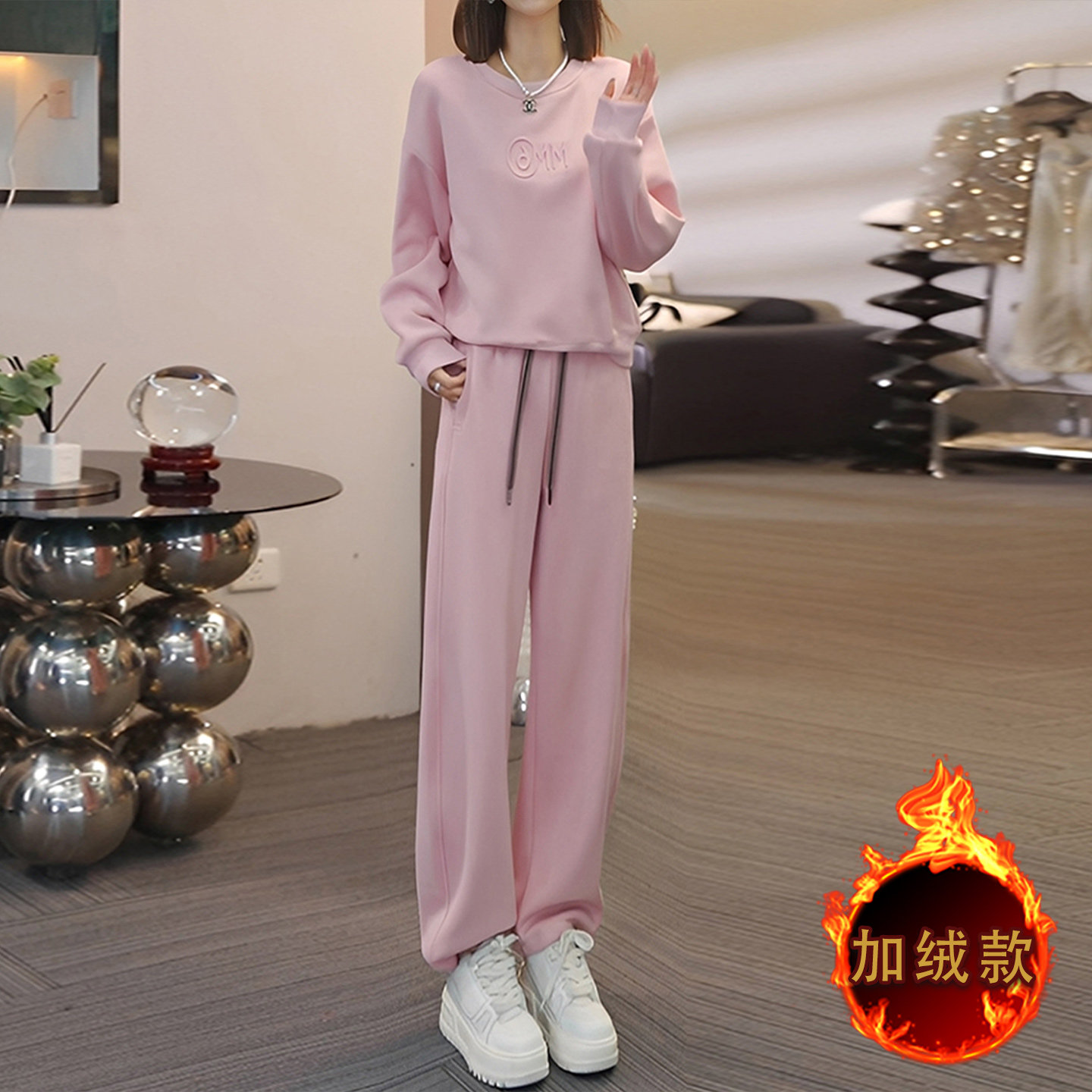时尚休闲套装女秋冬新款宽松洋气减龄纯色圆领卫衣阔腿长裤两件套,女装套装/套裙,2C310