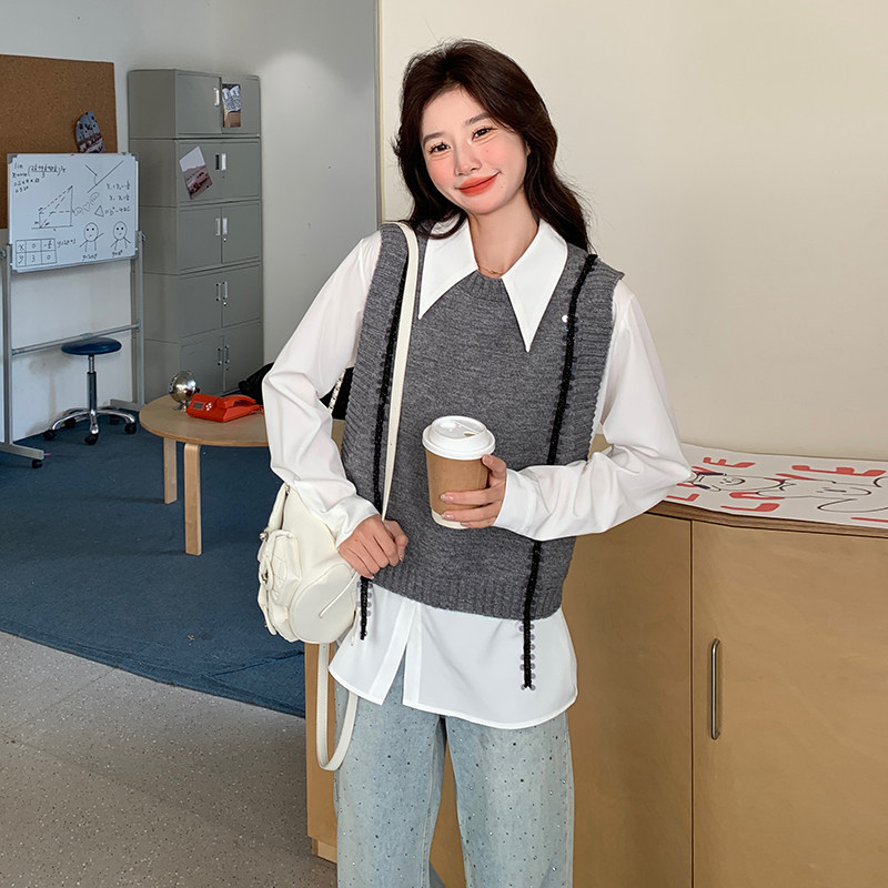 灰色小香风针织马甲套装女春季小个子气质减龄衬衫两件套,女装套装/套裙,2C166