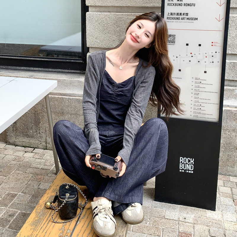 韩系气质通勤休闲风开衫套装女2026秋季新款吊带牛仔阔腿裤三件套,女装套装/套裙,2C159
