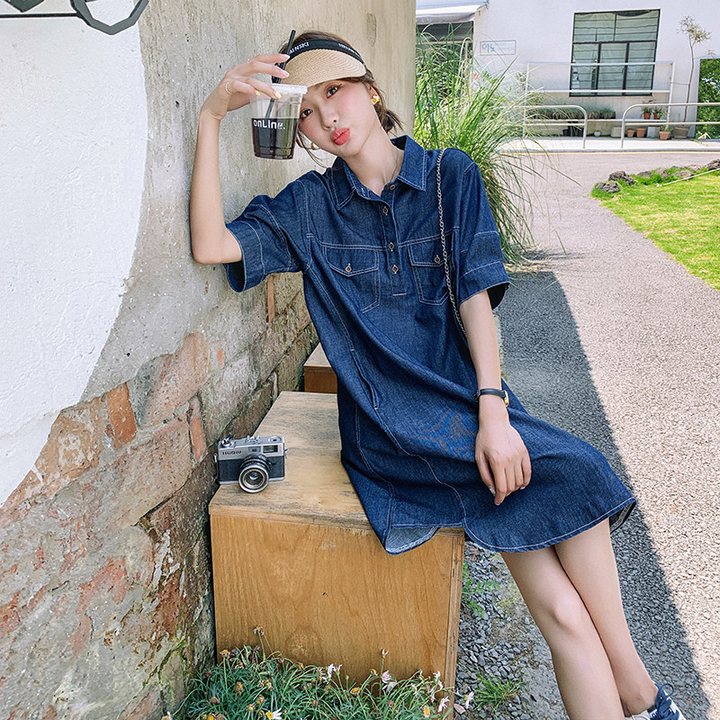 夏季A字裙高腰立领中长裙连衣裙时尚显瘦牛仔裙复古气质小个子,女装连衣裙,2C129