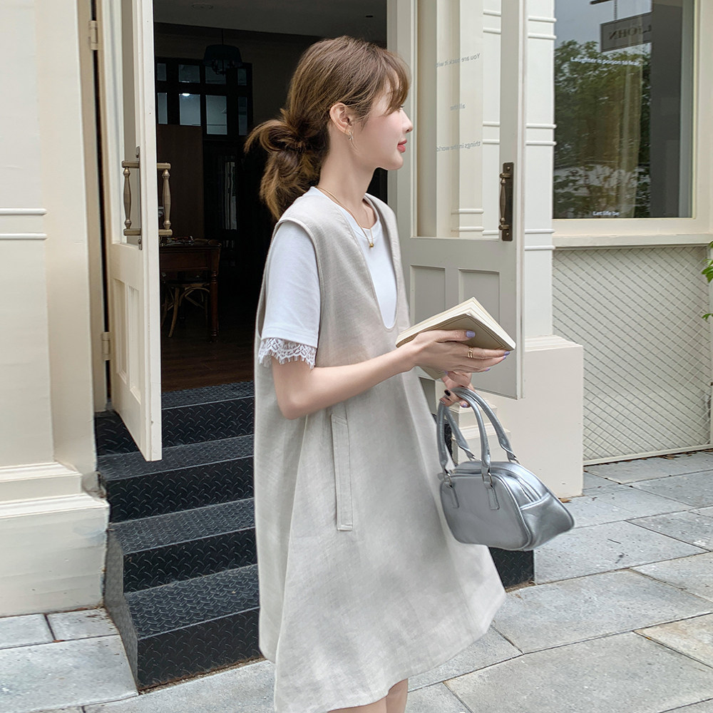 韩系休闲无袖背带连衣裙两件套女2025夏新款时尚蕾丝拼接短袖套装,女装套装/套裙,2C166