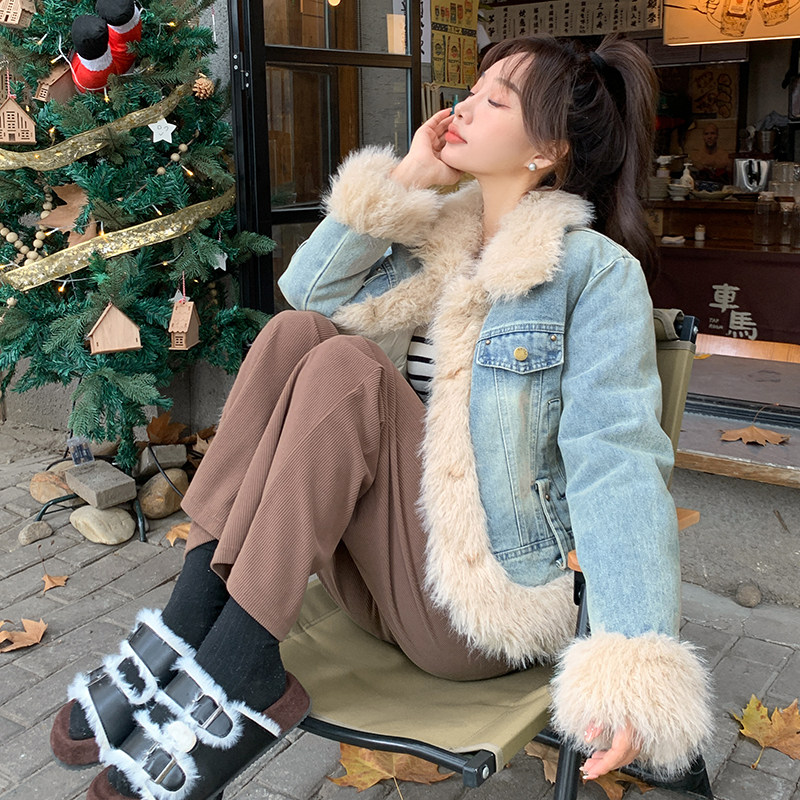 现货牛仔拼接羊卷毛加厚白鸭绒外套2c057-A23-P265-K389,女装羽绒服,2C057