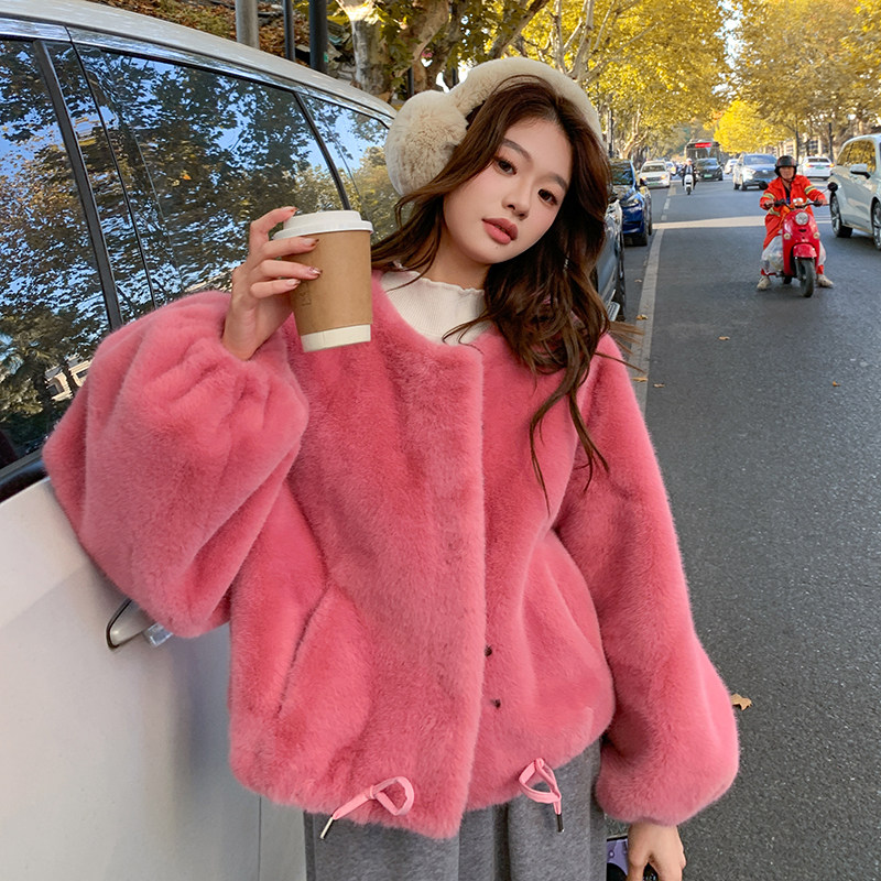 多巴胺粉色水貂绒仿皮草外套女秋冬皮毛一体2C353/8660/P170/K258,女装短外套,2C353