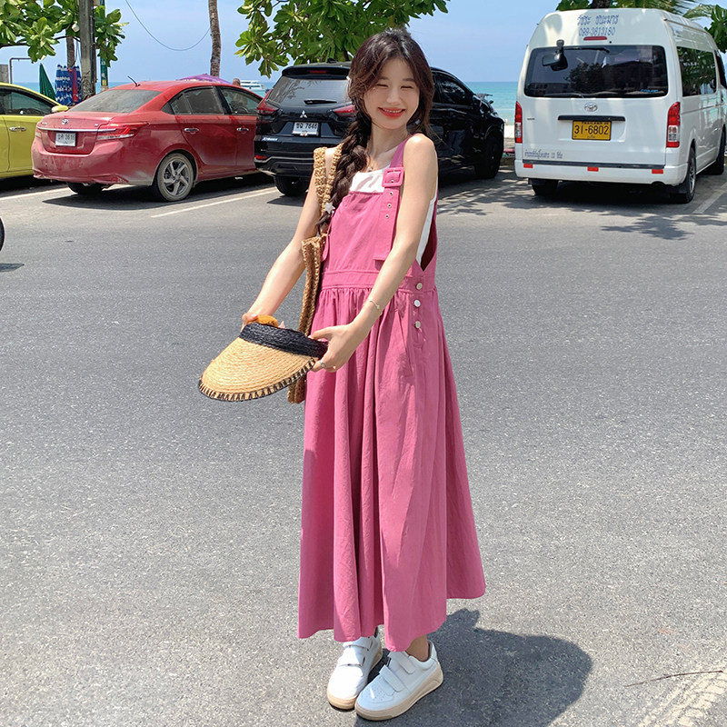 玫粉色韩系背带裙夏季女2024新款减龄学院风宽松洋气长款A字裙潮,女装连衣裙,2C201