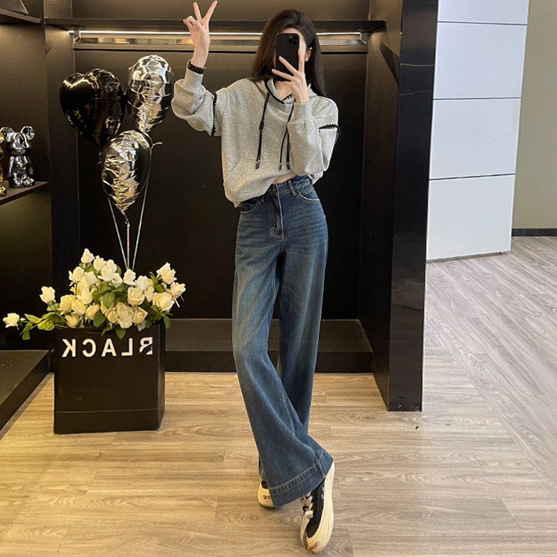 春女新款连帽套头卫衣阔腿牛仔裤减龄两件套,女装套装/套裙,2C310