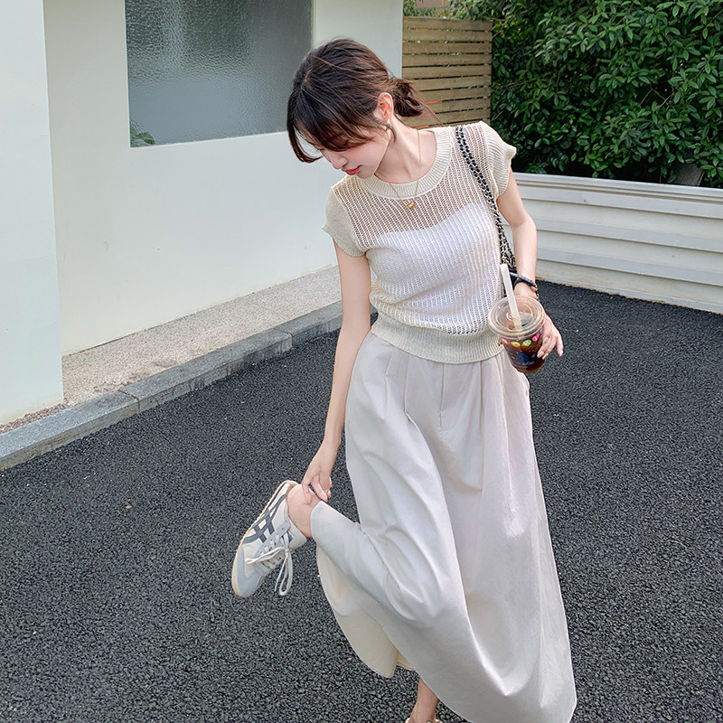 法式气质镂空针织短袖套装女2025夏季新款显瘦a字半身长裙两件套,女装套装/套裙,2C159