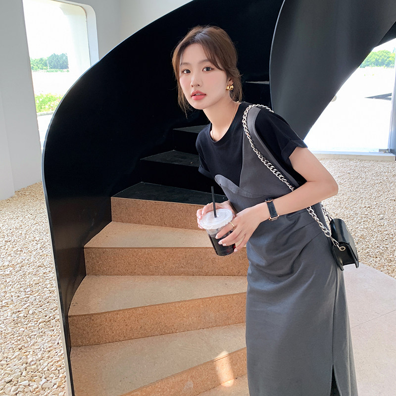 撞色拼接连衣裙假两件女夏季收腰显瘦法式茶歇时尚气质高级感裙子,女装连衣裙,2C066