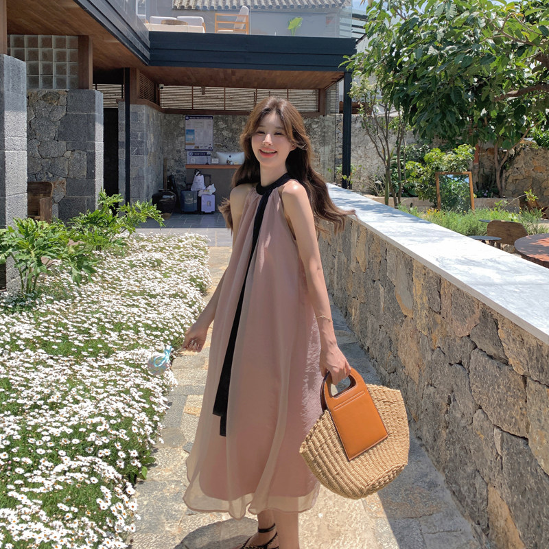粉色无袖挂脖连衣裙女2025夏季新款法式温柔风气质减龄绝美仙女裙,女装连衣裙,2C050