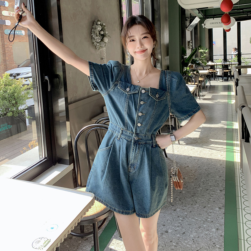 夏季成人厚款连体裤短裤套装收腰肯豆风国风muji风显瘦小个子牛仔,女装连体裤,2C057
