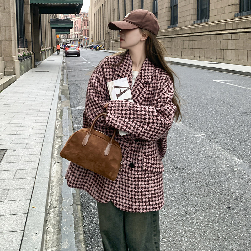 【新款现货】冬季新款粉色千鸟格西装毛呢外套2C371-P145-K228,女装毛呢外套,2C120