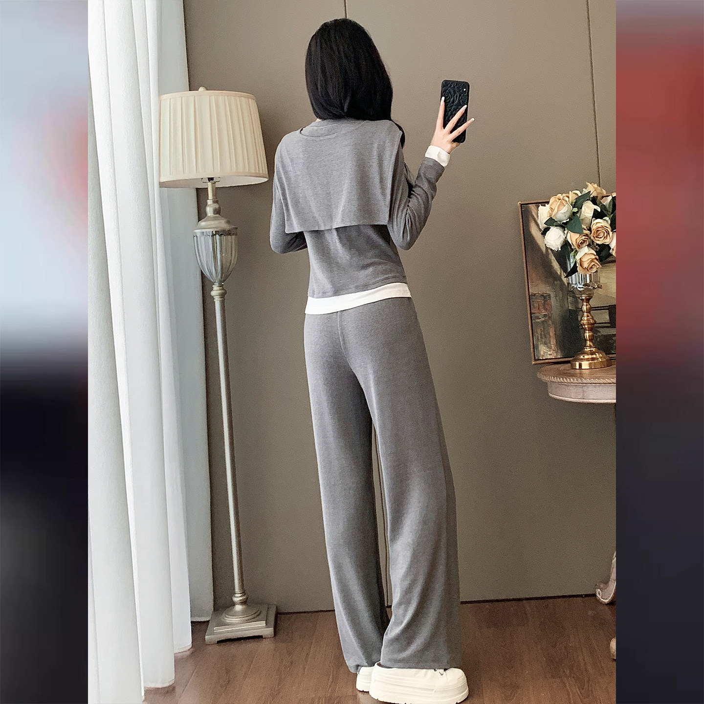 炸街休闲运动套装秋季新款女纯色长袖T恤外搭披肩阔腿长裤三件套,女装套装/套裙,2C310