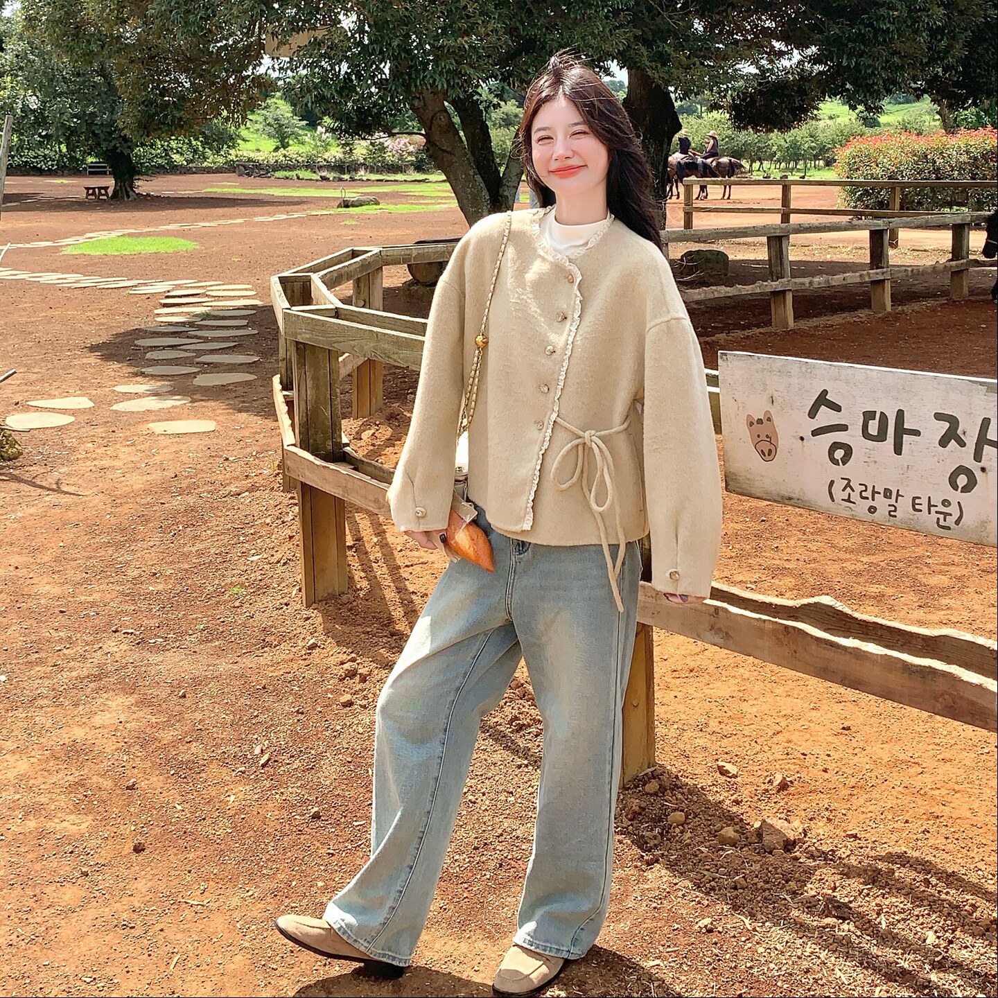 小香风蕾丝花边拼接双面羊毛大衣女短款2025新款减龄百搭毛呢外套,女装毛呢外套,2C298