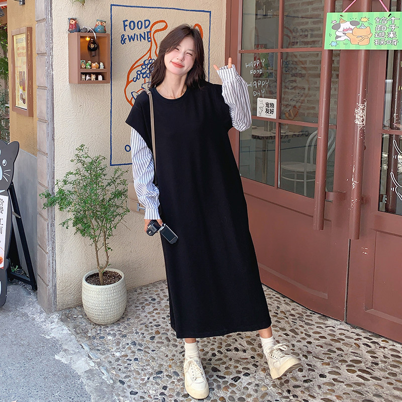 别致独特假两件黑色连衣裙女春秋2025新款慵懒风显瘦条纹拼接长裙,女装连衣裙,2C115