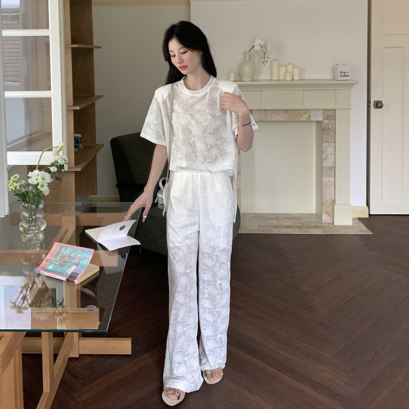 现货：夏装新款刺绣圆领开叉上衣阔腿裤两件套2C135-5099P145K208,女装套装/套裙,2C135