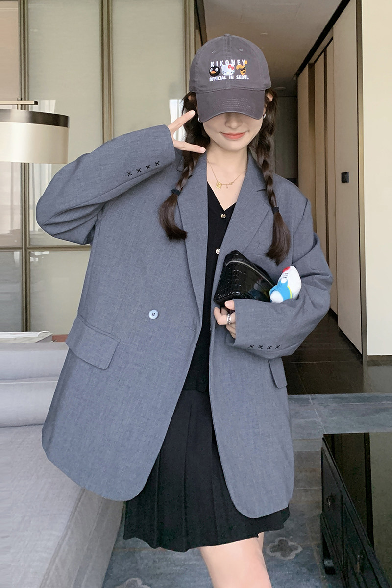 灰色休闲西装女春秋2025新款高级感韩版西服小个子学院风宽松外套,女装西装,2C166