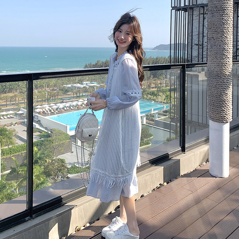 法式蓝色连衣裙套装女2025秋季新款超好看减龄镂空罩衫叠穿两件套,女装套装/套裙,2D078
