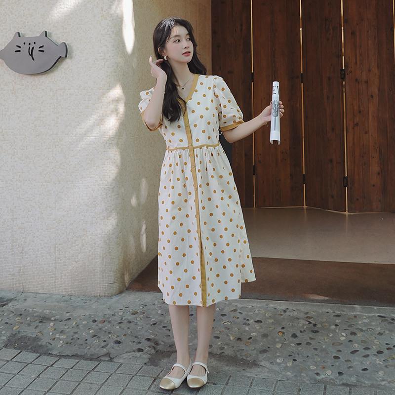 【现货夏新！】V领波点中长款连衣裙/货号;105P95K148,女装连衣裙,2C037