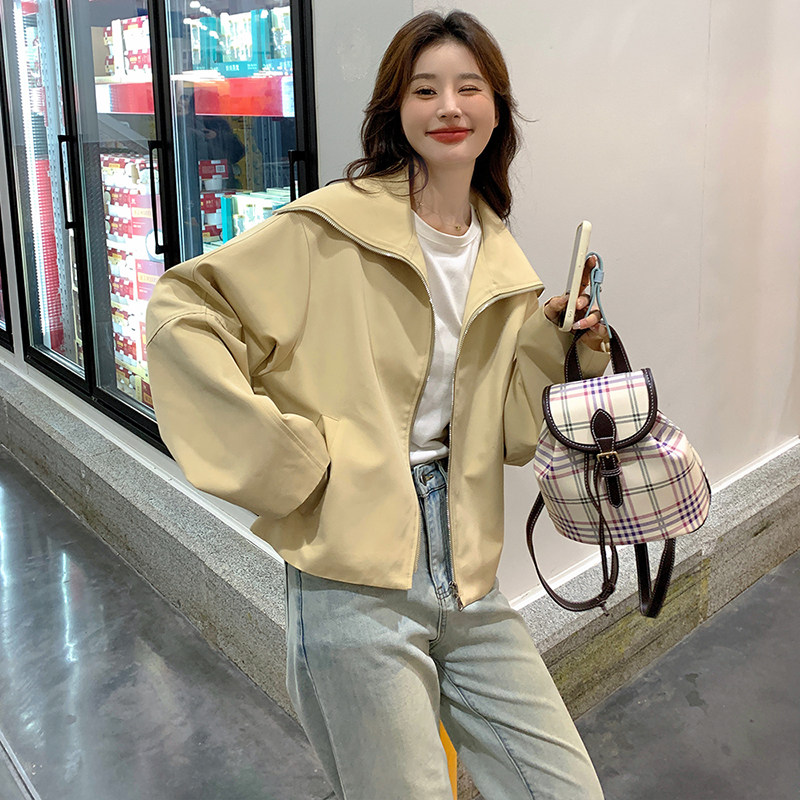 现货有买家秀大翻领米黄色外套2017款P115控168,女装短外套,2C139
