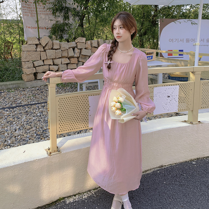 独特漂亮法式轻熟风粉色连衣裙女春秋2025新款超火千金风收腰长裙,女装连衣裙,2C037