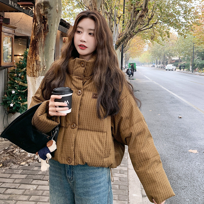 独特超好看肌理感立领短款肯豆羽绒服女冬美拉德咖色条纹小众外套,女装羽绒服,2C280