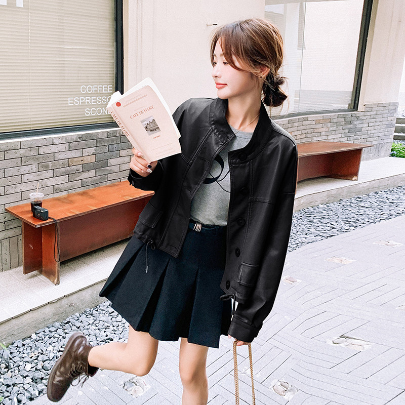 美拉德短款立领皮衣外套女春秋2025新款港风休闲宽松阔版pu皮夹克,女装短外套,2C075