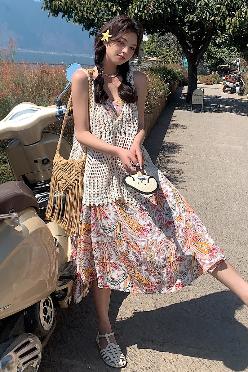波西米亚风碎花连衣裙女2025夏季新款镂空罩衫背心叠穿长裙,女装连衣裙,2C177