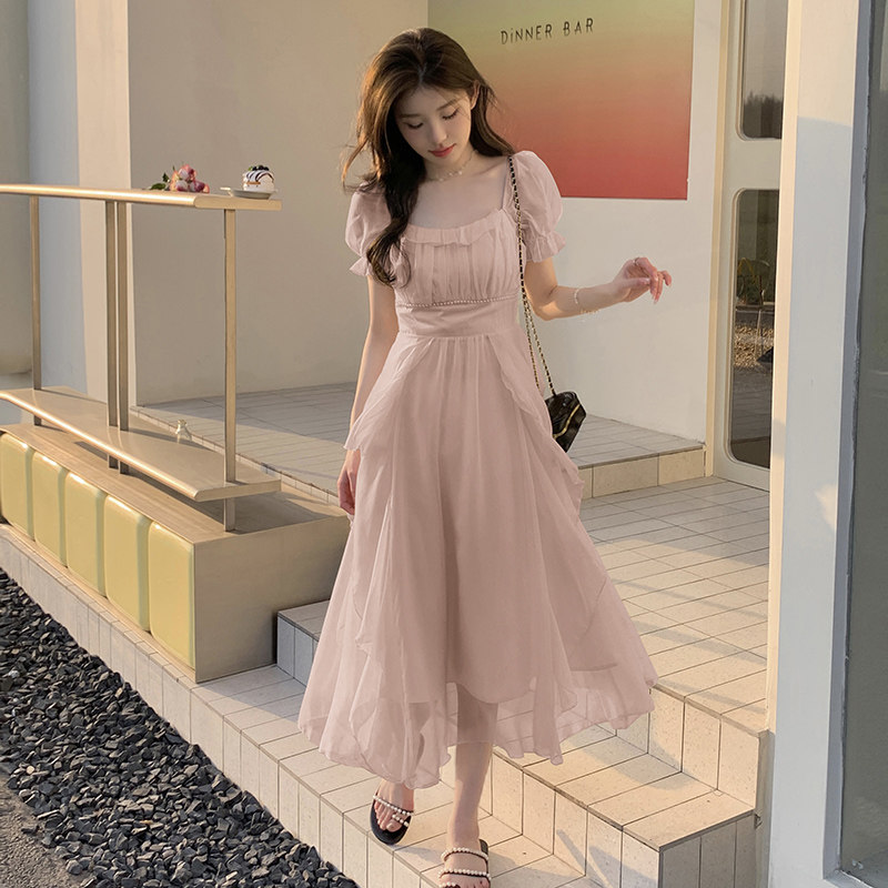独特绝美茶歇法式方领泡泡袖连衣裙女夏2025超火好看仙气收腰长裙,女装连衣裙,2C122