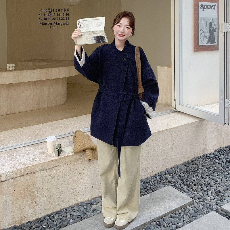 韩版蕾丝拼接深蓝色毛呢外套女秋冬2025新款流行爆款英伦风大衣,女装毛呢外套,2C159