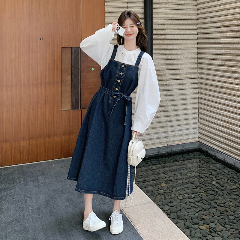 韩系甜美减龄牛仔背带裙套装女学院风衬衫长裙两件套6151P160K238图片