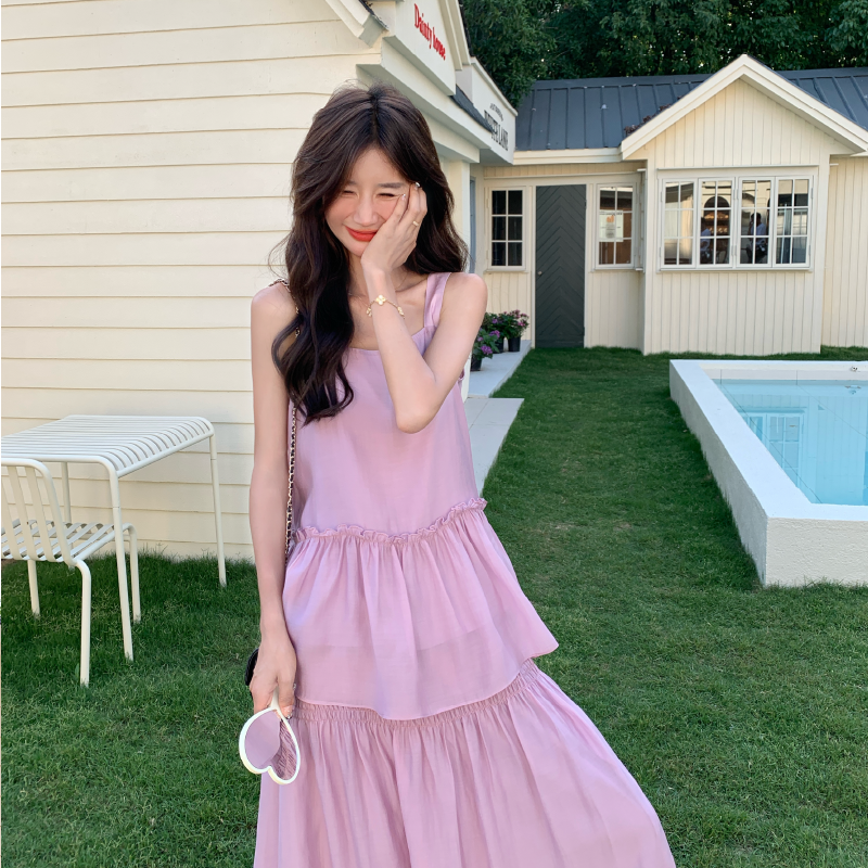 温柔系穿搭粉色吊带上衣套装女夏新款时尚洋气半身裙两件套连衣裙,女装套装/套裙,2D146