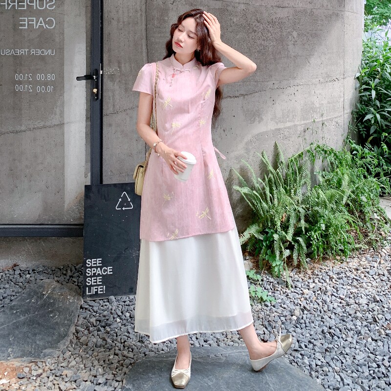 新中式国风连衣裙女2025夏季新款独特漂亮气质粉色假两件旗袍长裙,女装连衣裙,2C320
