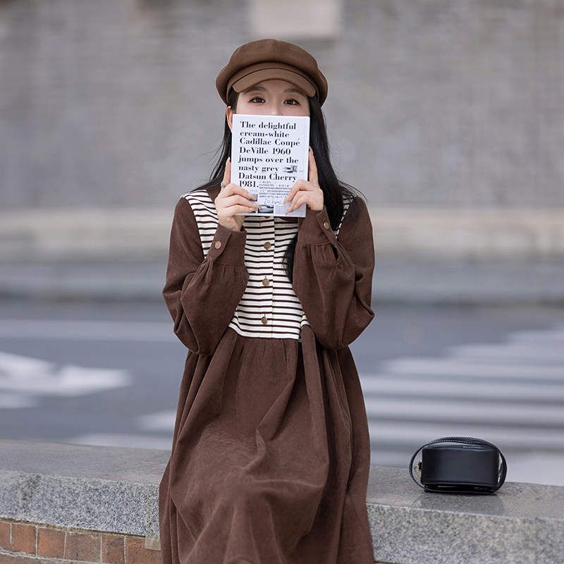 条纹拼接娃娃领长袖连衣裙女2025秋季新款学院风复古小个子A字裙,女装连衣裙,2C110