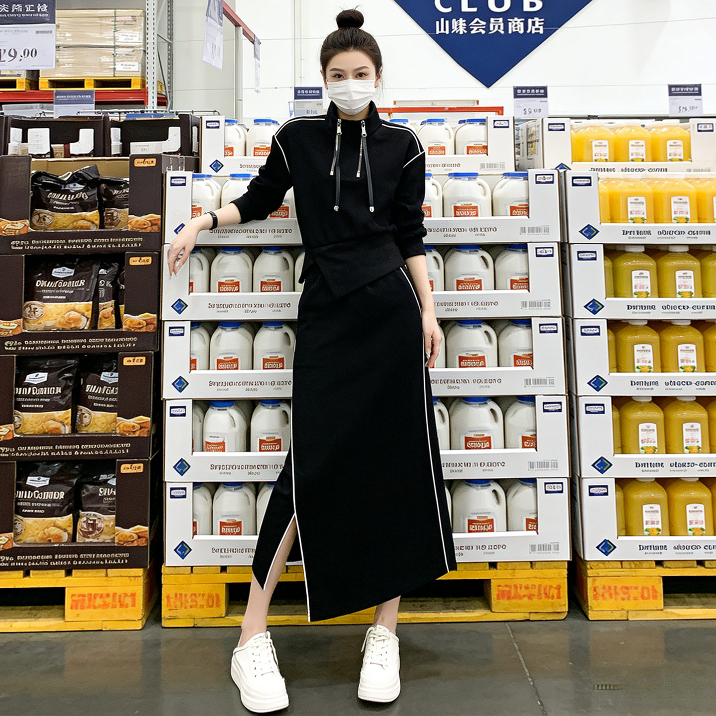 欧货时尚设计感开叉半身裙套装女春季新款气质显瘦高腰卫衣两件套,女装套装/套裙,2C310