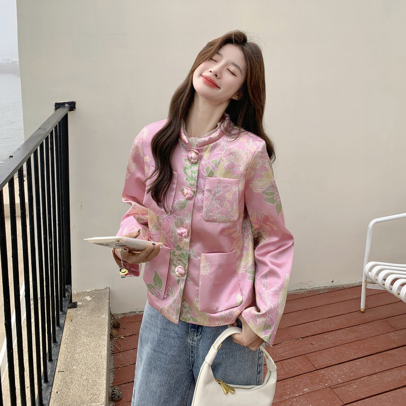 新中式国风印花外套女2025秋季新款高级感洋气减龄小个子短款上衣,女装短外套,2C230