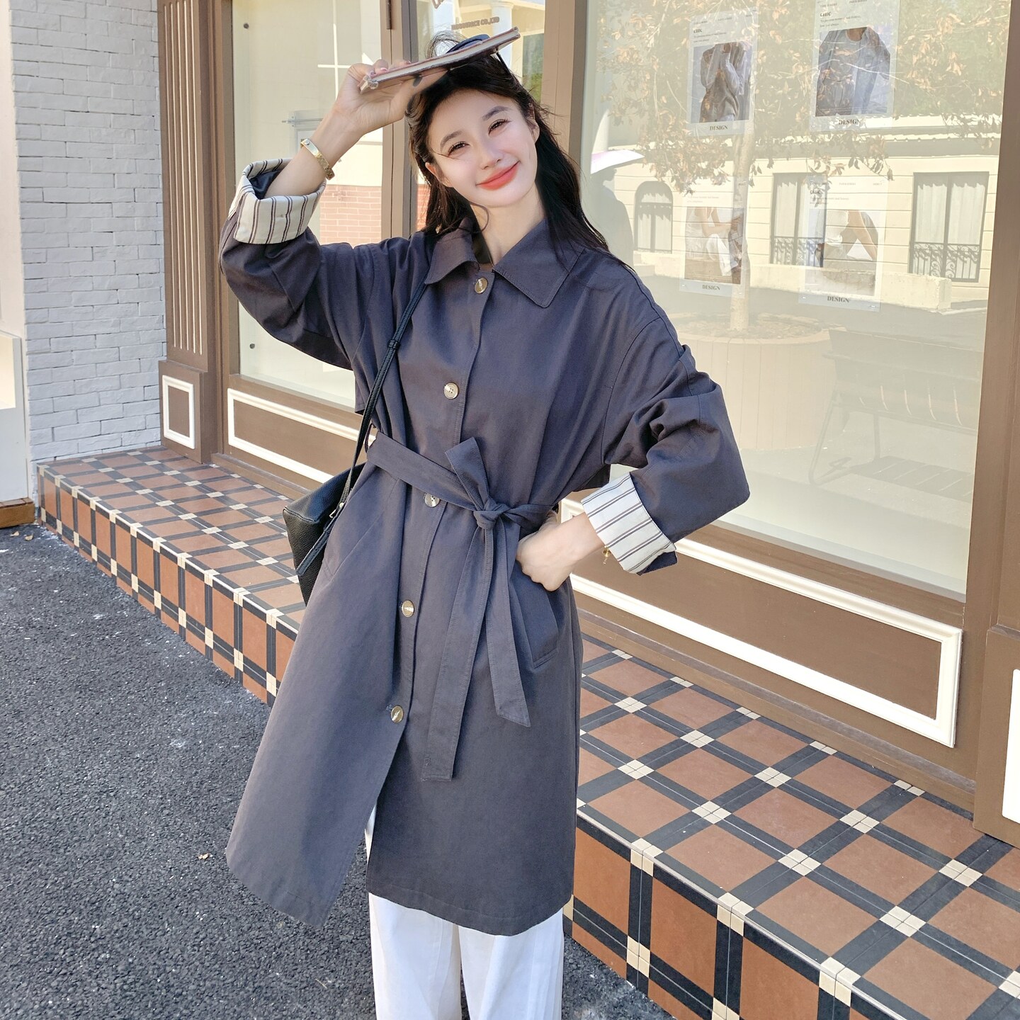 深灰色复古高级感气质风衣外套女2025秋韩系收腰显瘦格纹拼接大衣,女装风衣,2C271