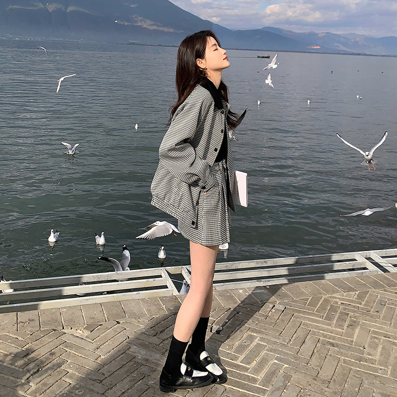 小香风复古休闲格子套装女秋季2025新款小个子穿搭外套短裙两件套,女装套装/套裙,2C053