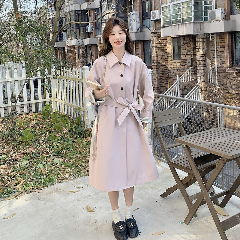 条纹拼接粉色收腰风衣外套女春秋2025新款中长款流行气质大衣爆款,女装风衣,2C217