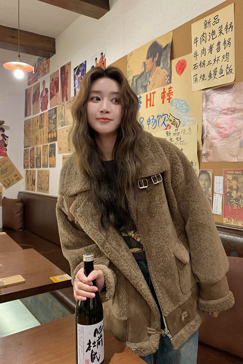 美拉德皮毛一体羊羔毛外套加厚保暖机车服2379P205控298,女装皮草,2C029