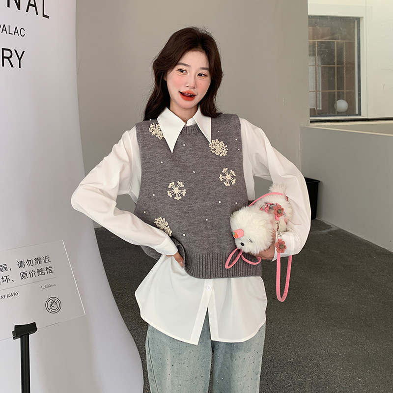 时尚学院风休闲减龄套装女2026春新款气质衬衫绣花马甲两件套图片
