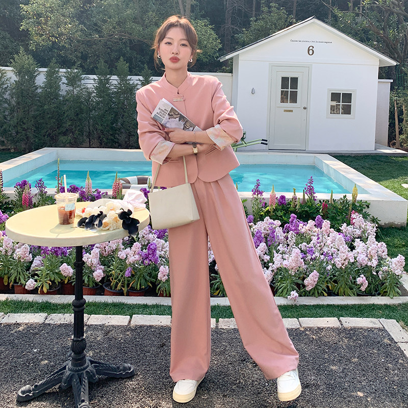 现货现货2025新中式新款气质阔腿裤时尚两件套西装套装,女装套装/套裙,2C012