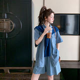 韩版复古牛仔套装女小个子2025夏新款薄款短袖衬衫阔腿短裤两件套，女装套装/套裙，2C212