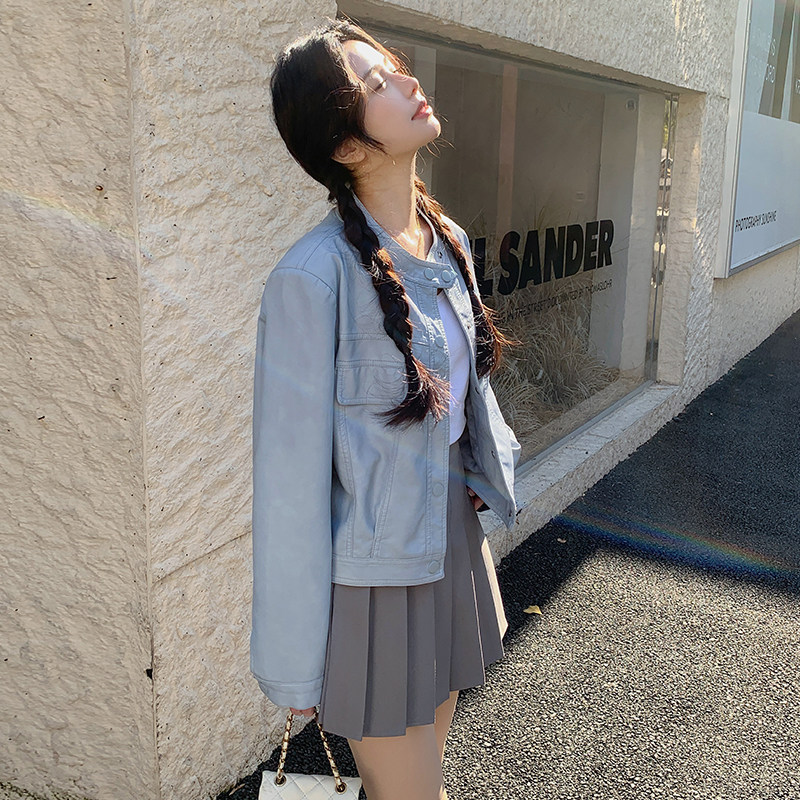 韩版休闲立领PU皮衣外套女2025春秋季新款设计感炸街显瘦夹克上衣,女装皮衣,2C233
