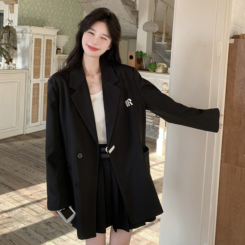 黑色廓形正肩西装外套女2025秋季新款高级感炸街宽松百搭显瘦西服,女装西装,2C375
