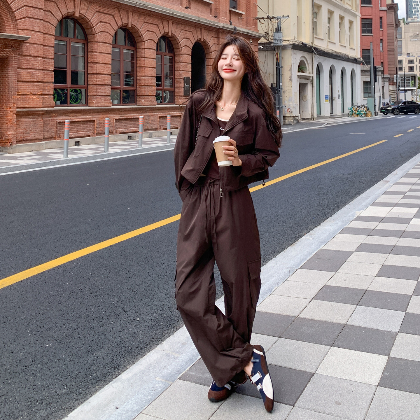 韩系复古休闲工装套装女2025年秋季新款立领外套背心阔腿裤三件套,女装套装/套裙,2C266