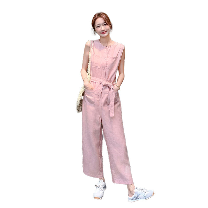 粉色圆领无袖连体裤女2025夏季新款休闲小个子收腰显瘦直筒九分裤,女装连体裤,2C126